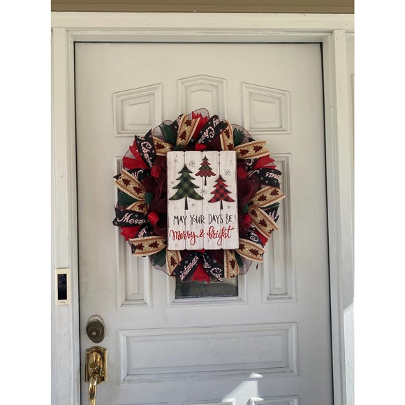 May Your Days Be Merry and Bright Buffalo Check Christmas Tree Deco Mesh Wreath - Picture 7 of 7